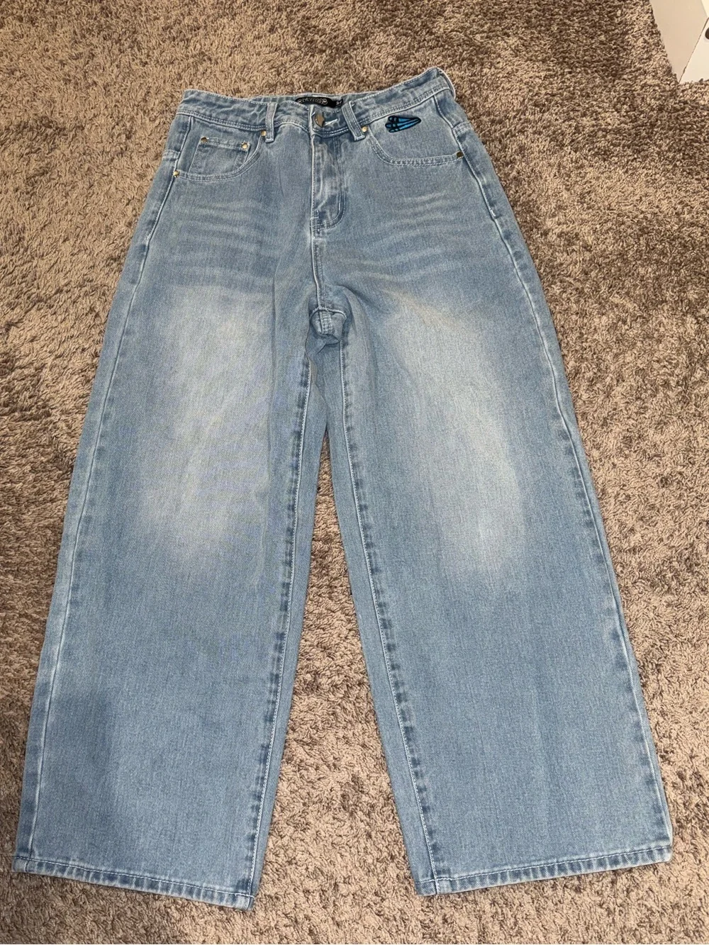 Splittoons Blue Bird Denim Light Wash Embroidered Baggy Jeans Streetwear Size 28